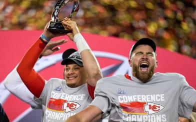 Patrick Mahomes and Travis Kelce celebrating AFC Championship 