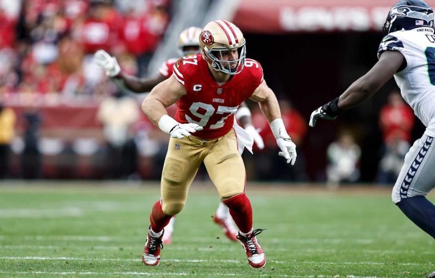 Nick Bosa of the San Francisco 49ers strip sacks Jalen Hurts of the News  Photo - Getty Images