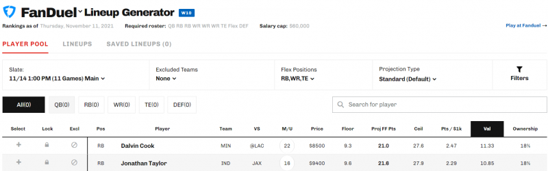 Optimal FanDuel and DraftKings Cash Lineups: Week 10