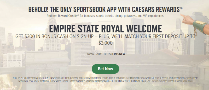 Caesars Offers $300 Free Bet In New York Plus $3,000 Match