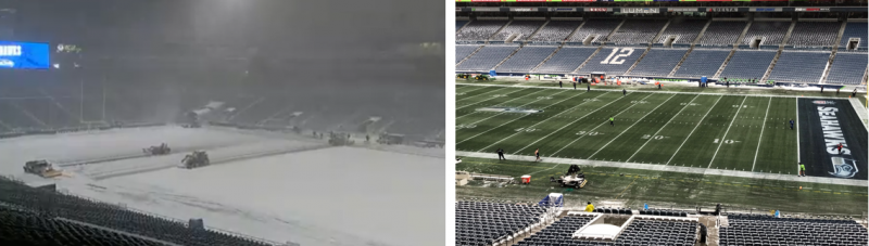 Seats at Lumen Field with snow on them before the game between the